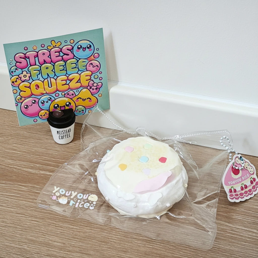 A cute white and pink squishy cake toy in clear plastic packaging, displayed on a wooden floor next to a small black cup with a 'Kawaii Coffee' label and a colorful 'STRESS FREE SQUEEZE' card.
