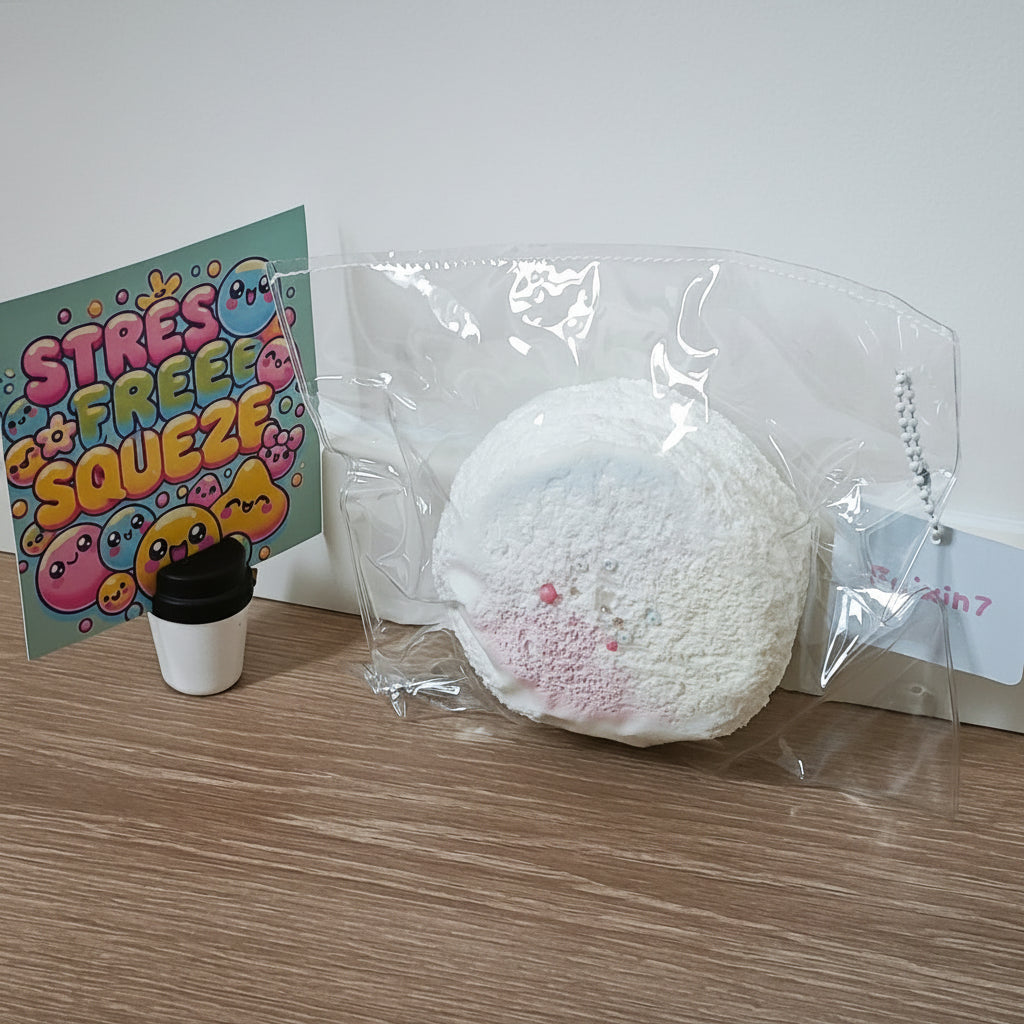 A white textured squishy toy in a clear plastic bag with a hangtag, displayed on a wooden tabletop next to a colorful 'STRESS FREE SQUEEZE' card and a small black-and-white cup-shaped item.