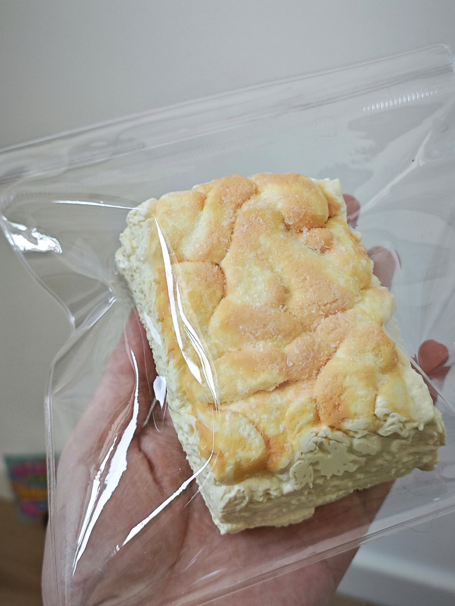 A hand holding a clear plastic bag containing a rectangular baked good, likely a pastry or bread slice, with a golden-brown crumb-topped surface and pale cream sides.