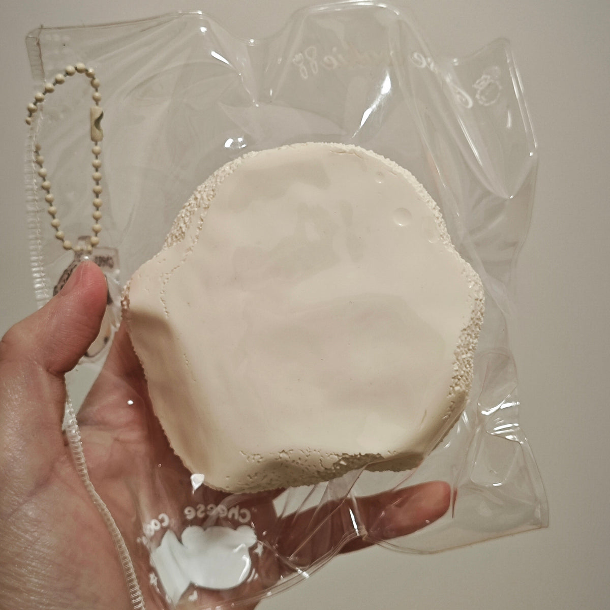 A hand holding a round, off-white textured item inside a clear plastic bag with a small bead chain attached, against a plain light background.