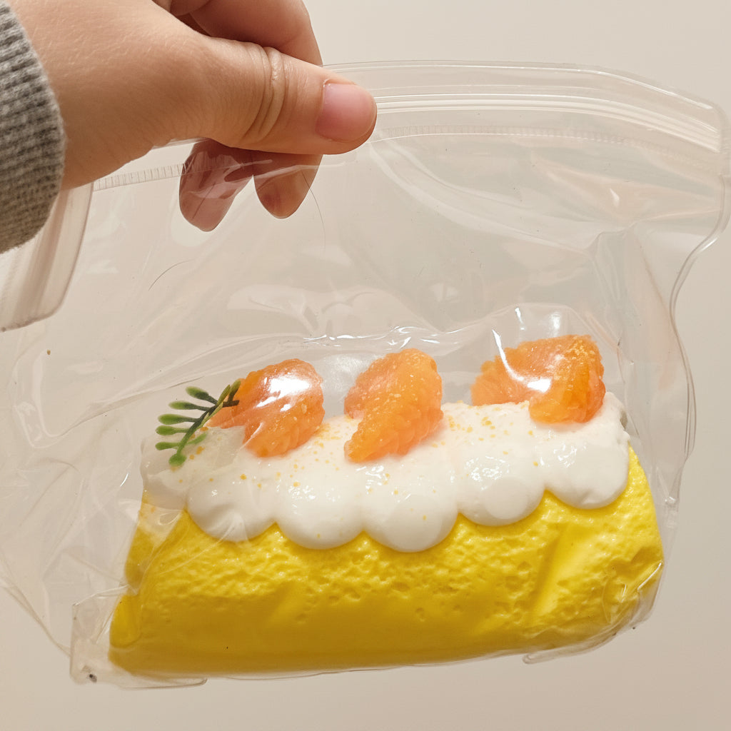 A hand holds a clear plastic zip-top bag containing a yellow and white dessert-shaped item decorated with orange slices and a small green leaf, against a plain light background.