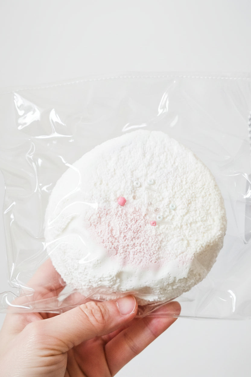 A hand holding a round, textured white item covered in fine pink powder, sealed inside a clear plastic bag against a plain light background.