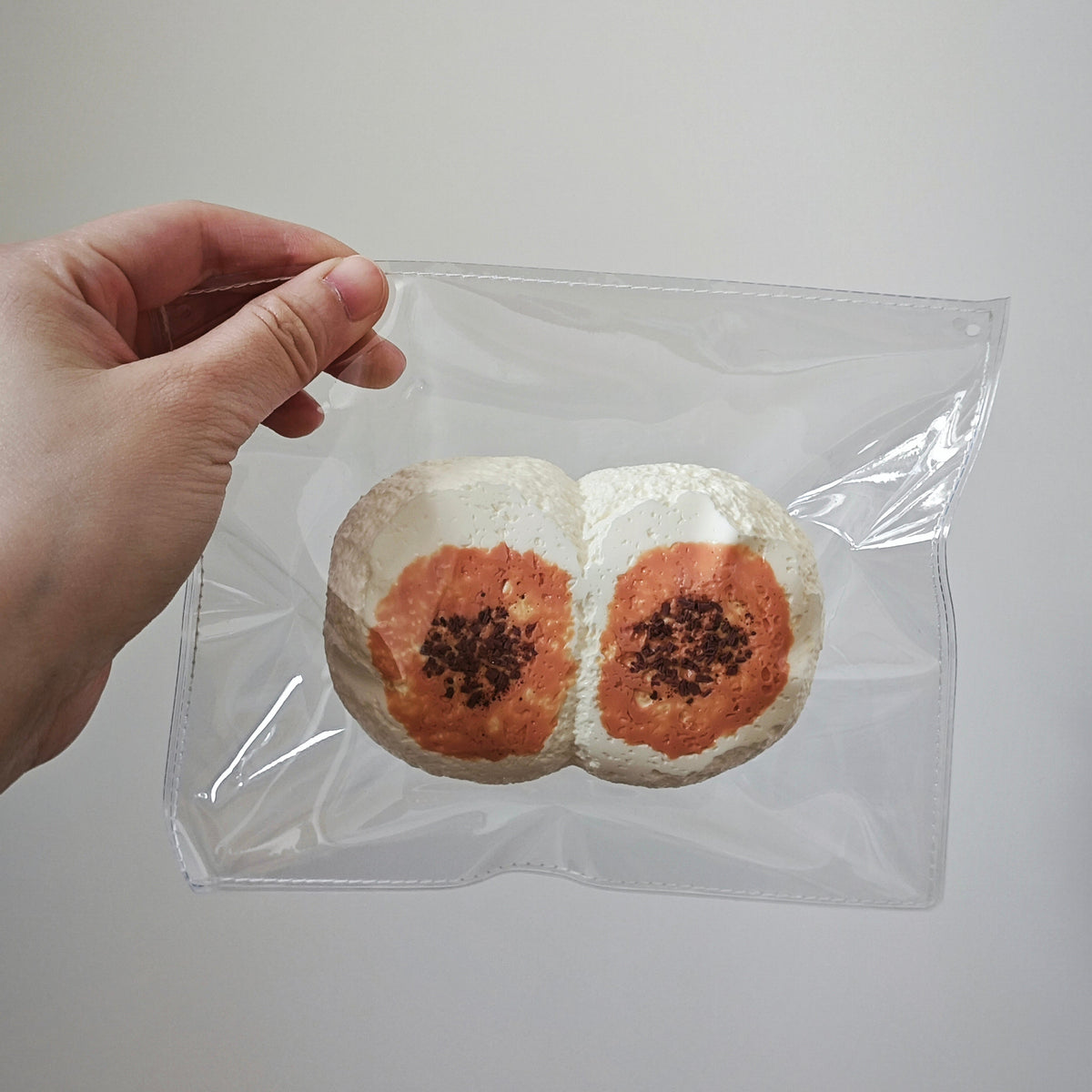 A hand holding a clear plastic zip bag containing two round, white, textured items with orange and dark brown centers, shown against a plain light gray background.