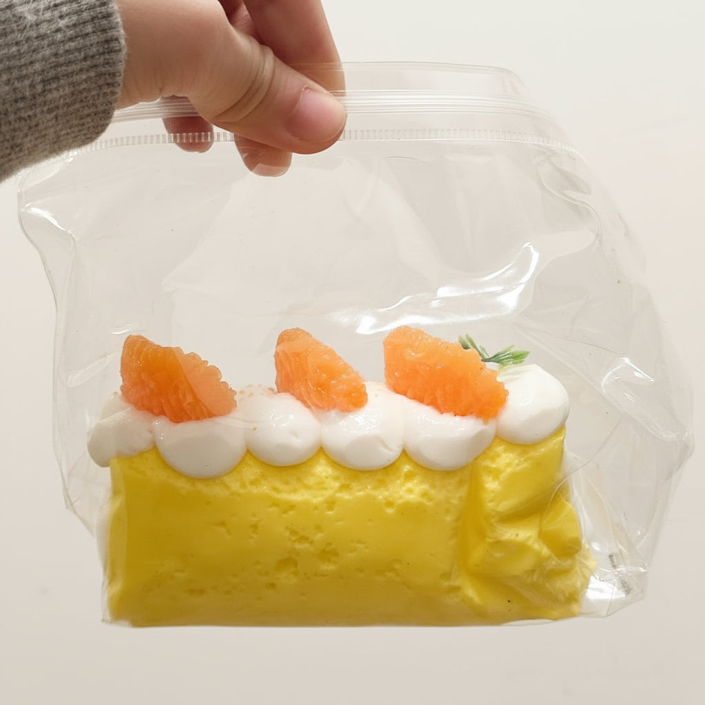 A hand holding a clear plastic zip-top bag containing a yellow cake-shaped squishy toy with white frosting and orange fruit slices, against a plain light background.