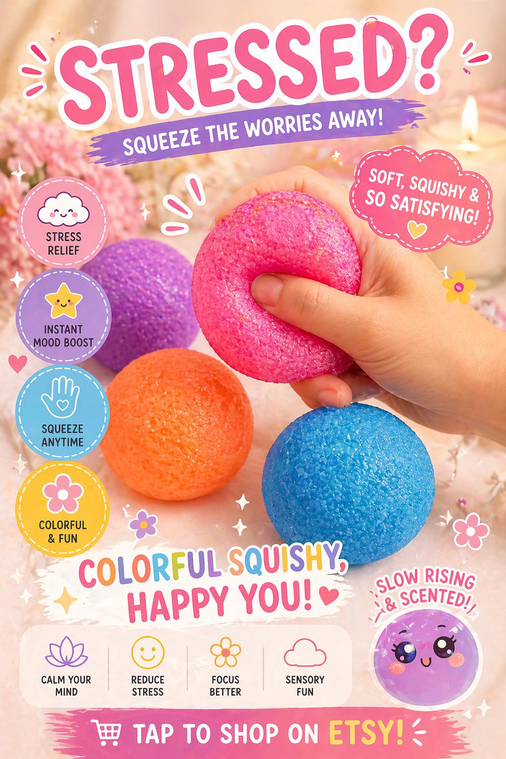 Promotional image of colorful squishy balls with text about stress relief and mood boosting.
