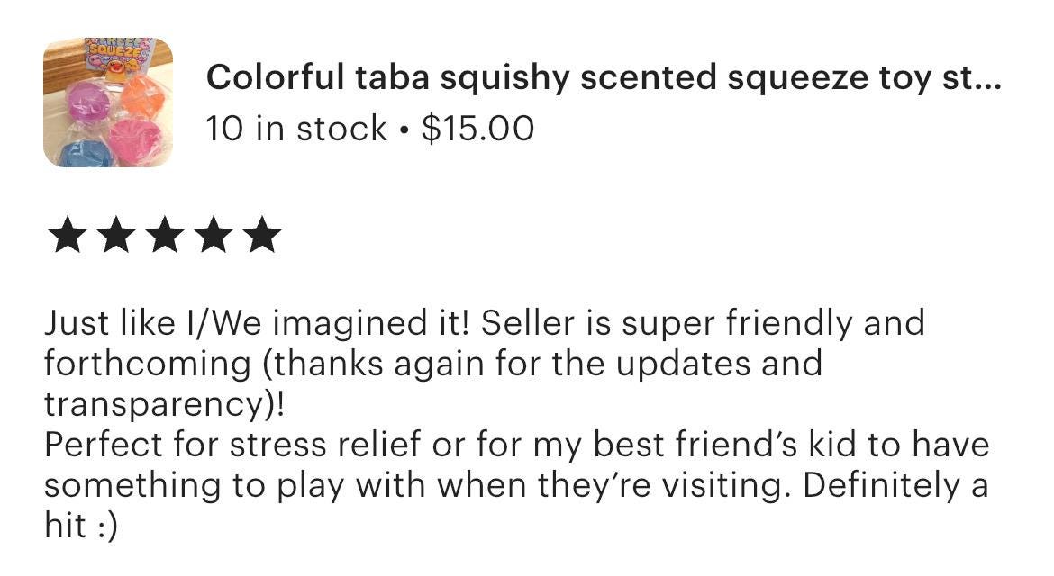 Product listing for a colorful taba squishy squeeze toy with customer review text.
