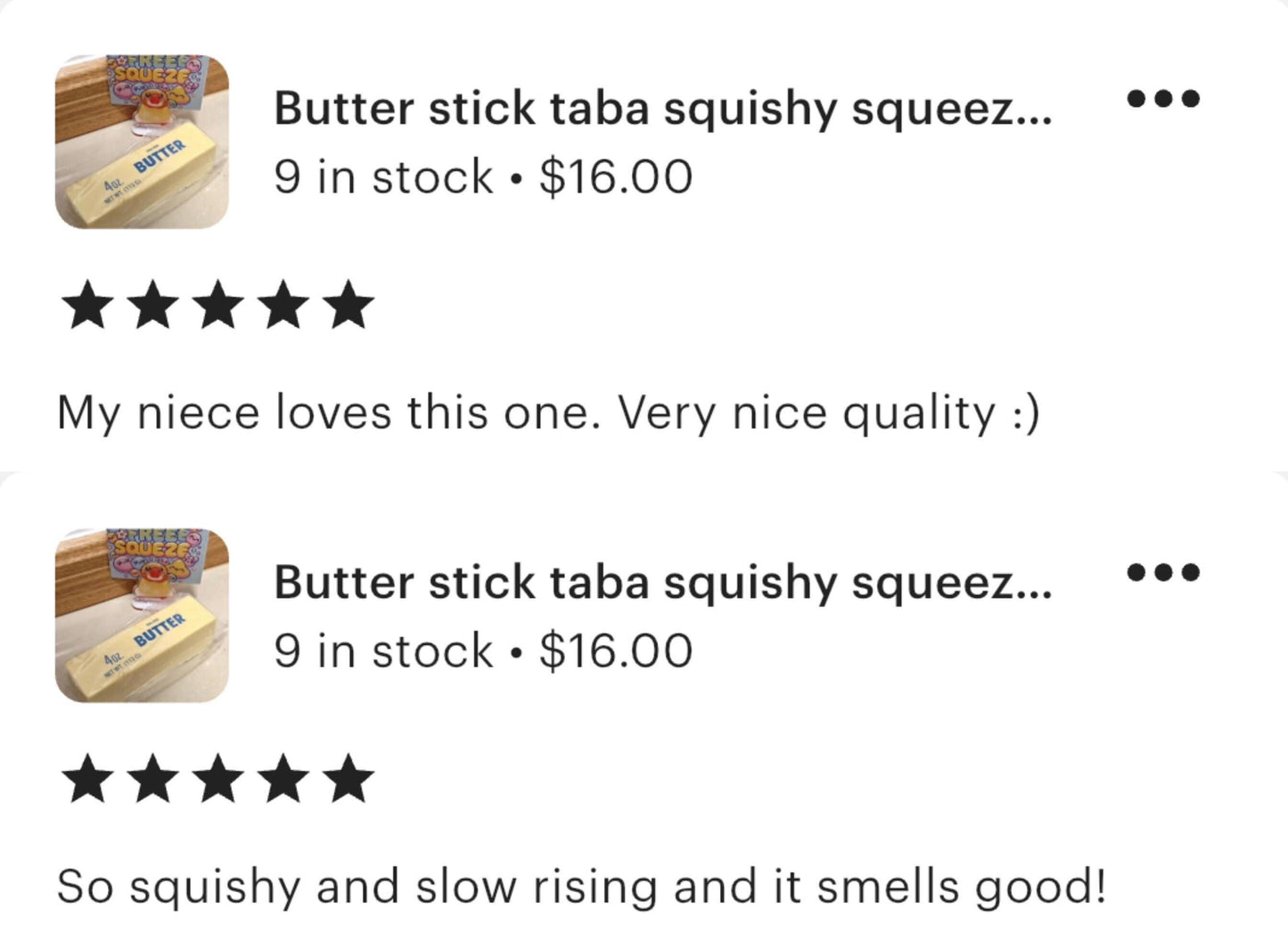 A screenshot showing two product reviews for a butter stick labeled 'taba squishy squeez.