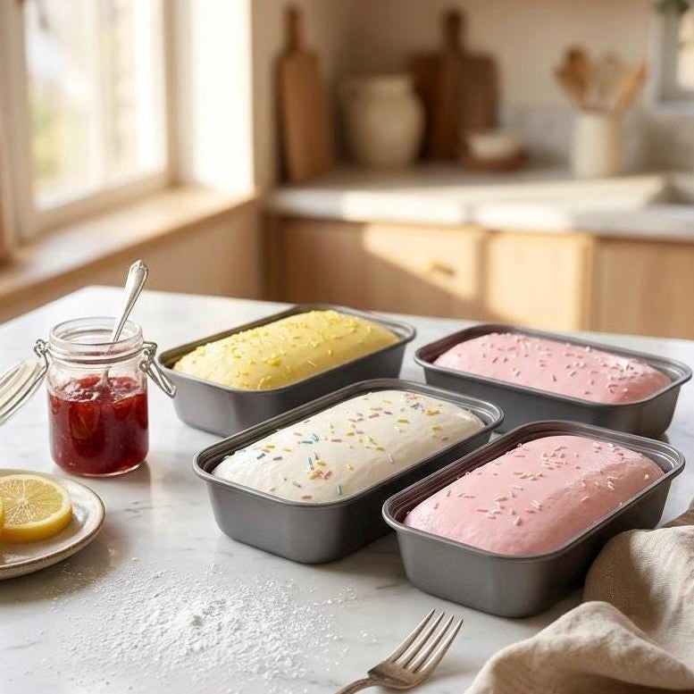 Four loaf pans with different colored ice cream on a kitchen counter.