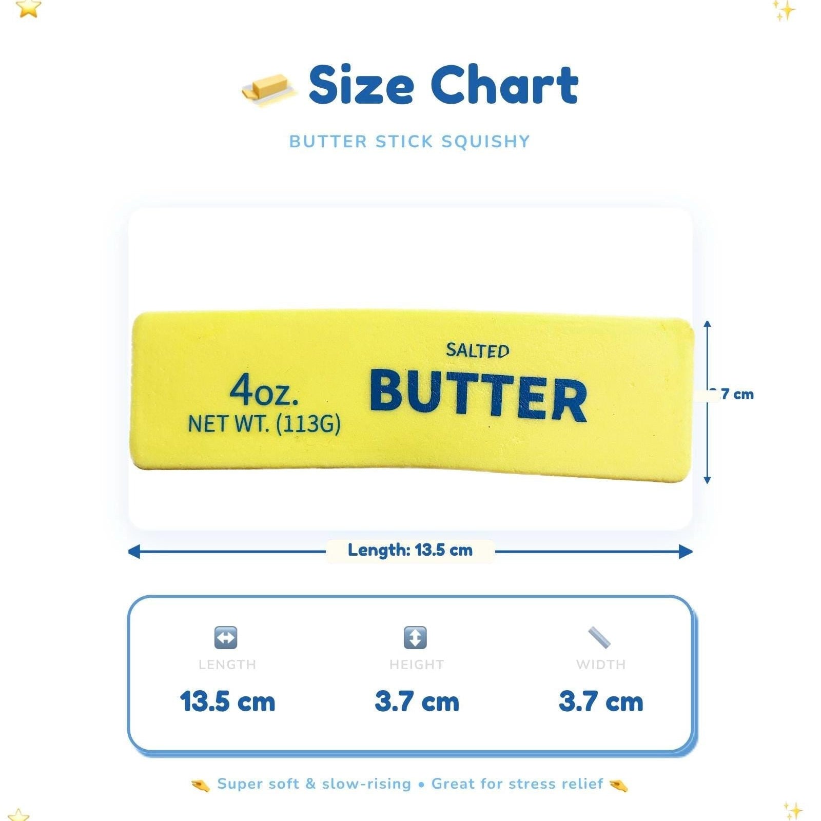 Size chart graphic for a butter stick squishy, showing a yellow rectangular product with blue text reading '4oz. SALTED BUTTER' and dimensions labeled 13.