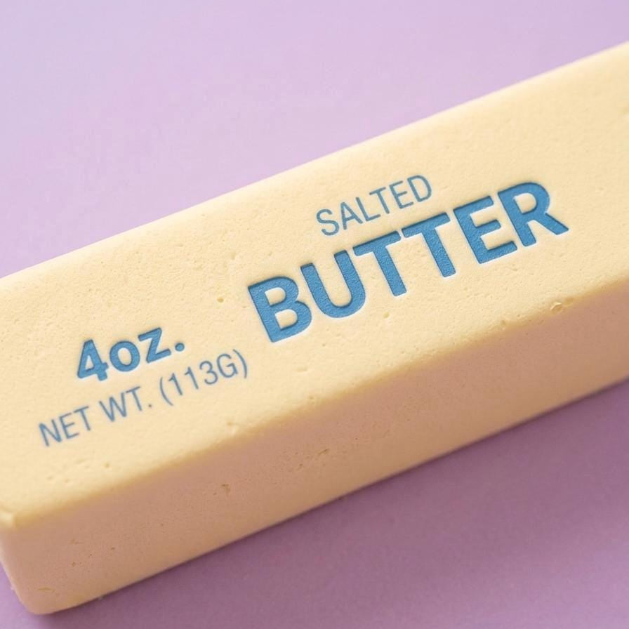 A close-up of a 4 oz stick of salted butter with blue text on a pale yellow surface, set against a solid lavender-purple background.