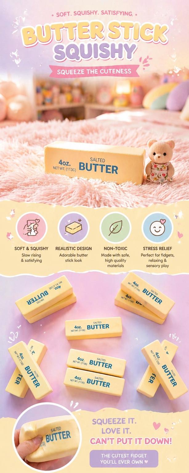 A promotional graphic for a set of butter-shaped squishy toys. The image shows several small yellow rectangular squishies printed with 'BUTTER' and a box labeled 'SALTED BUTTER' on a pink fluffy surface, with additional product pieces and marketing text arranged below on a pastel background.