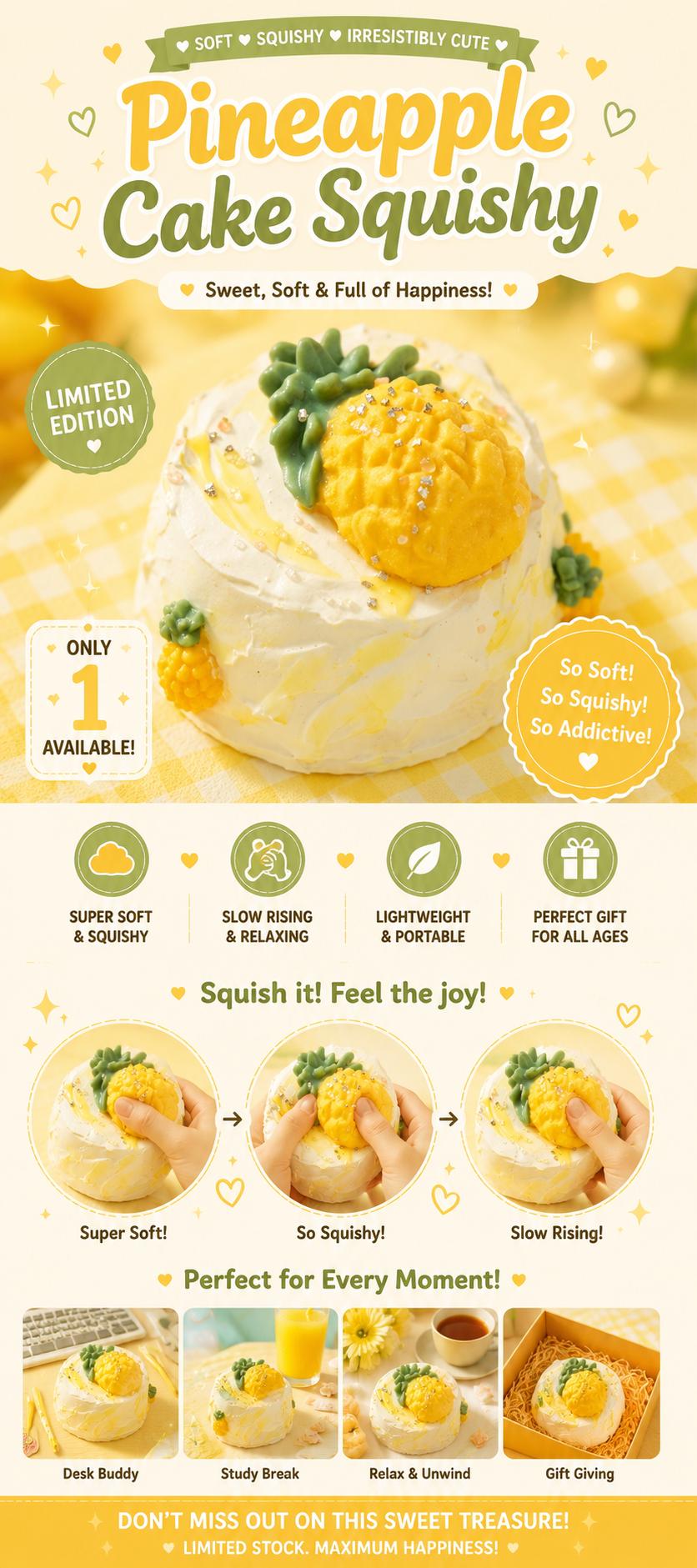 Quetschbarer Ananaskuchen Squishy Dessert Langsam aufsteigender Stressball Sensorisches Fidget Toy zur Angstlinderung Geschenkideen für Erwachsene Schreibtischdeko