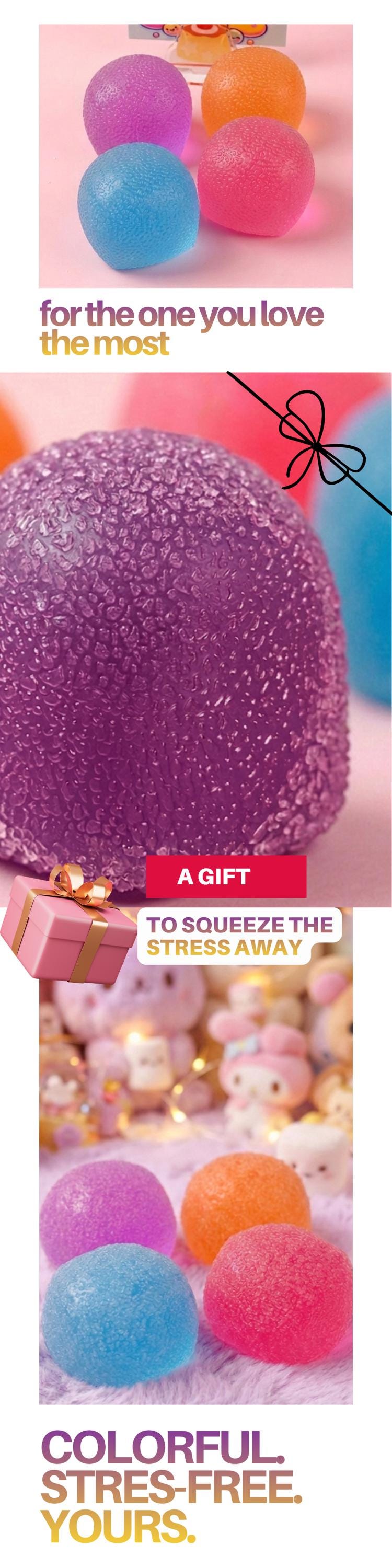 Colorful stress balls with text about a gift to relieve stress.