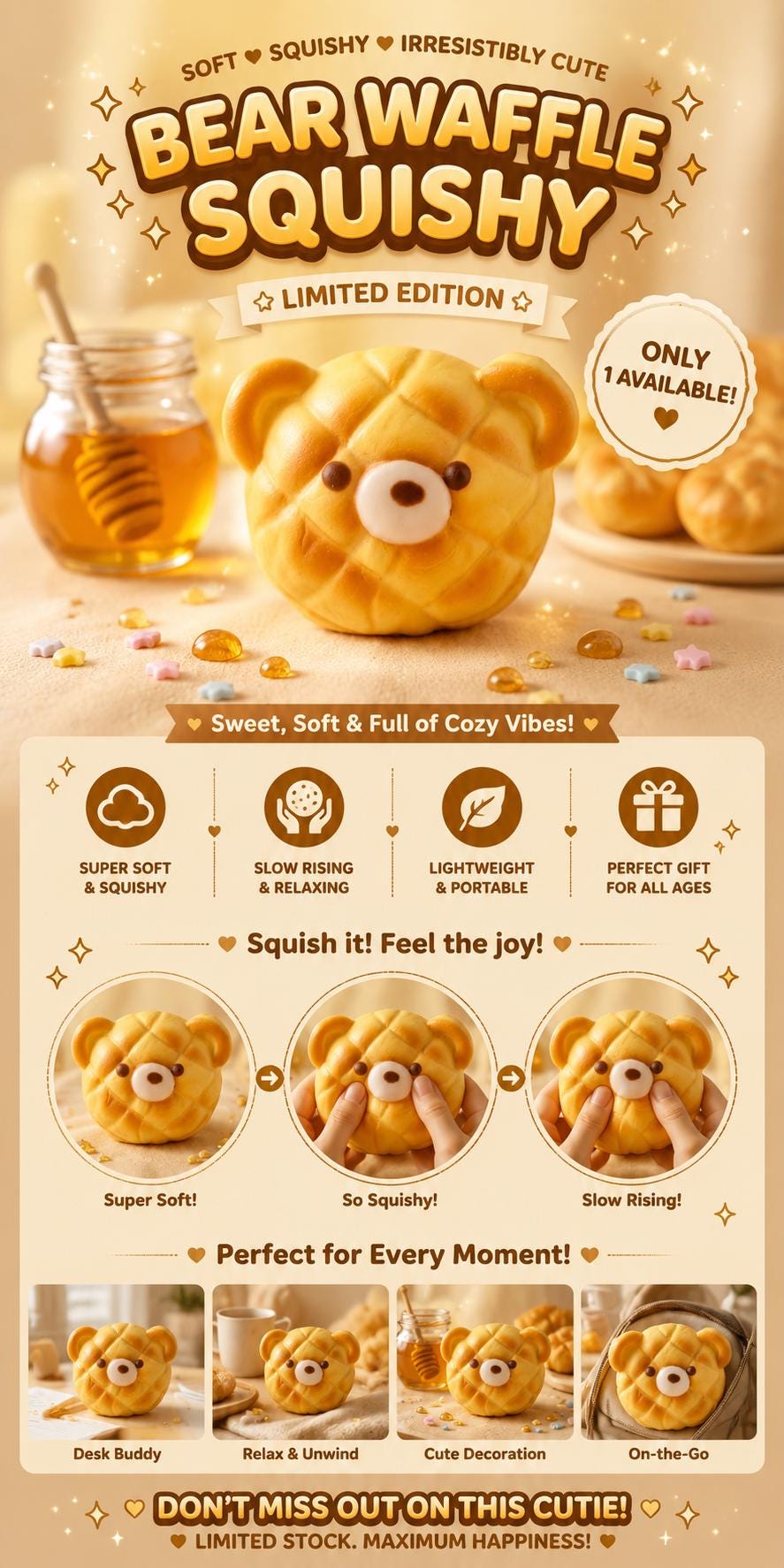 Quetschbarer Kawaii Teddybär-Waffel-Brot-Squeeze-Toy Weicher Stressball Mini-Taschenanhänger Zubehör Tragbares Fidget Toy Golden Bakery Geschenk für Teenager