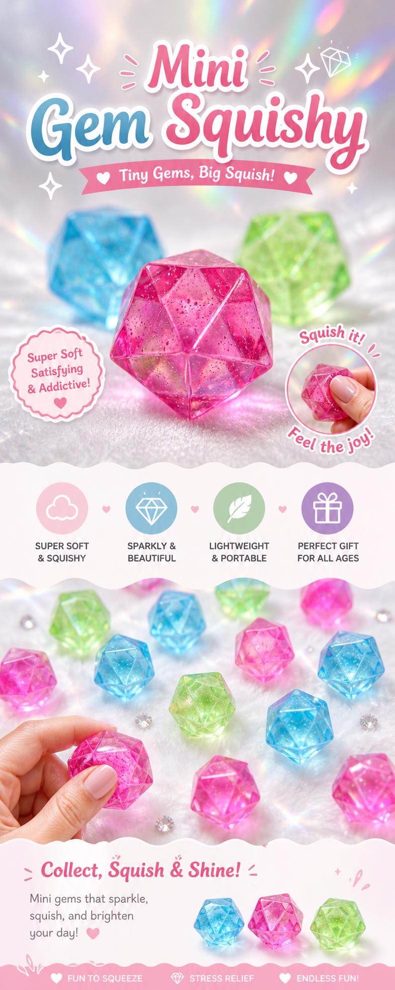 Bunter Taba Squishy Mini-Edelstein-Quetschball Kristall-Stressball Weicher Fidget Toy Langsam aufsteigender Stressabbau Schreibtischspielzeug Geschenkideen Diamant-Squishy