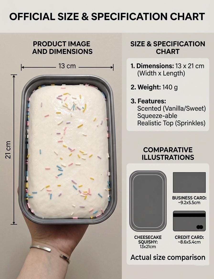 Product size and specification chart with a container of ice cream and sprinkles, held by a hand.