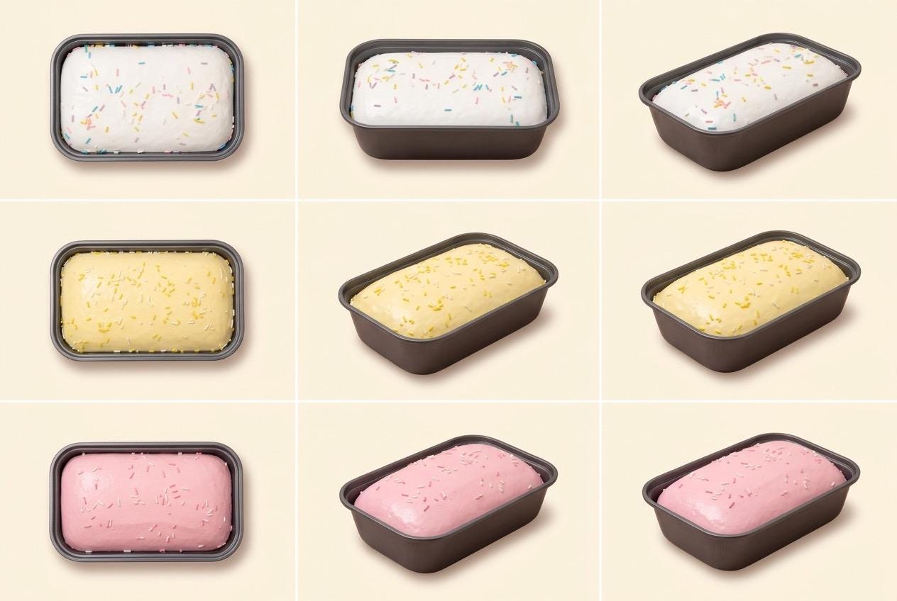 Collection of different types of ice cream in loaf pans on a beige background