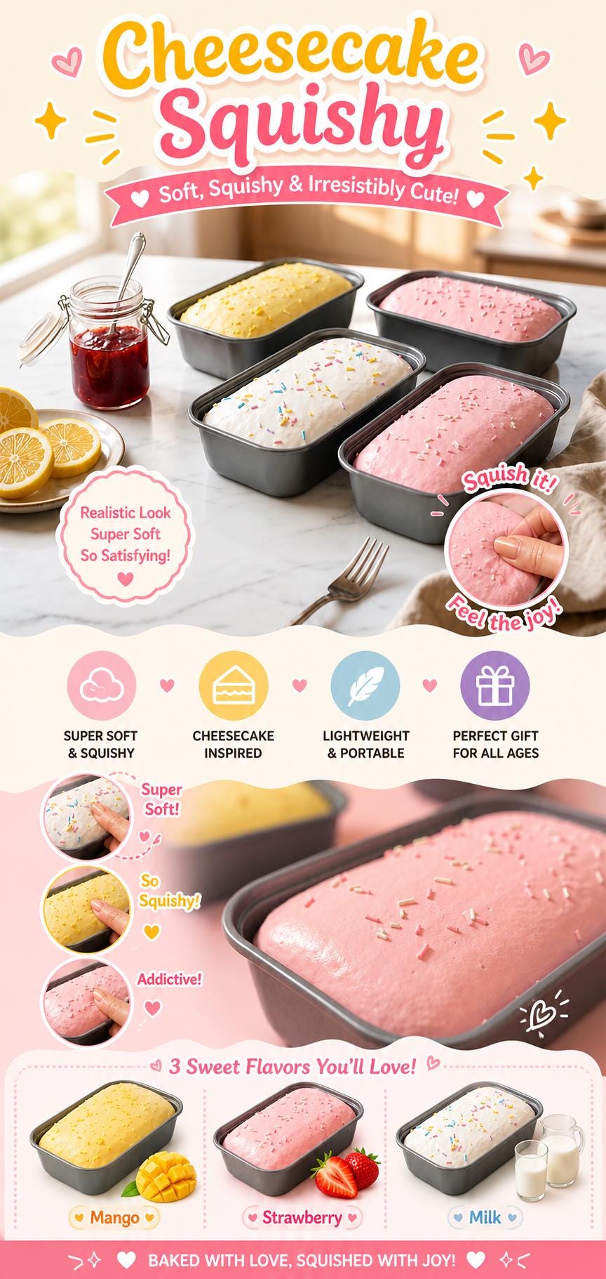 Promotional image of cheesecake squishy products with various flavors and packaging.