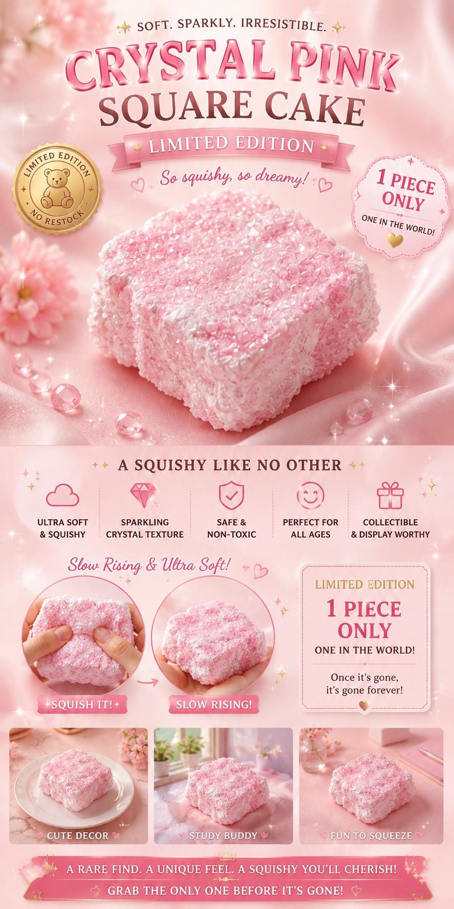 Crystal Sparkly Pink Square Cake Squishy