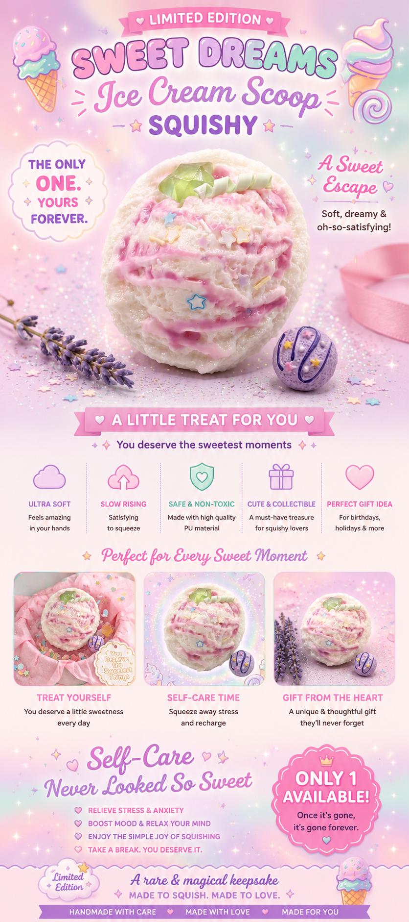 Taba Squishy Eiscreme-Quetschspielzeug, handgefertigt, Stressball, langsam aufsteigend, Fidget zur Angstlinderung, Glücksbringer, Selbstpflegegeschenk für sie, emotionale Unterstützung