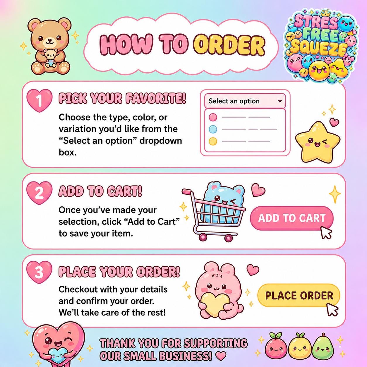 Step-by-step guide on how to order from a product with cartoon characters on a colorful background.