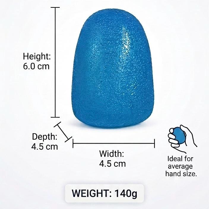 Blue object with measurements and a hand icon indicating size.