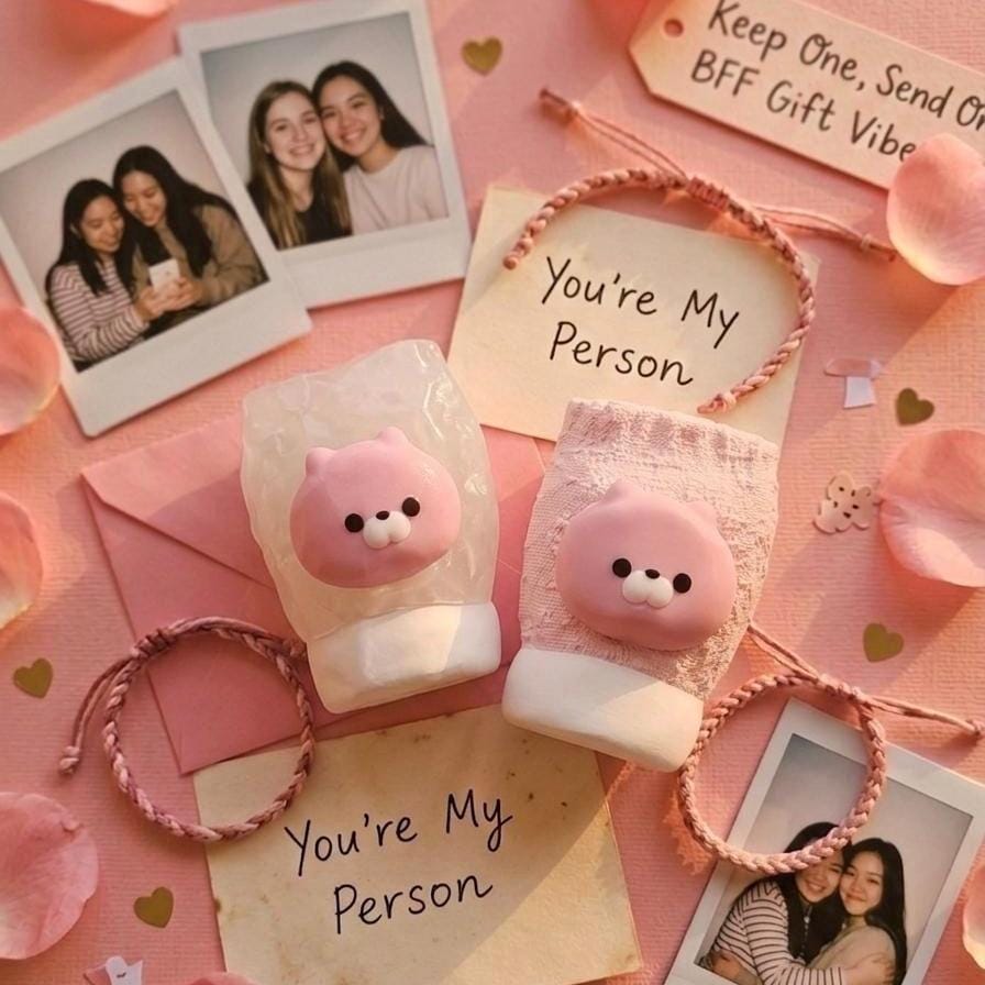 Bär Squishy Passender Squeeze Toy Rosa Bär Stressball als Freundschaftsgeschenk Passendes BFF Schreibtischspielzeug Pastellrosa Ästhetik Deko