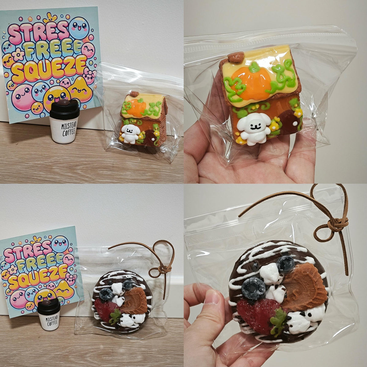 A 2x2 collage showing two cute, handcrafted food-themed charms in clear plastic bags, alongside a 'STRES FREE SQUEEZE' card and a small coffee cup charm. The top-left panel shows a house-shaped charm with a pumpkin and ghost, held in a hand.