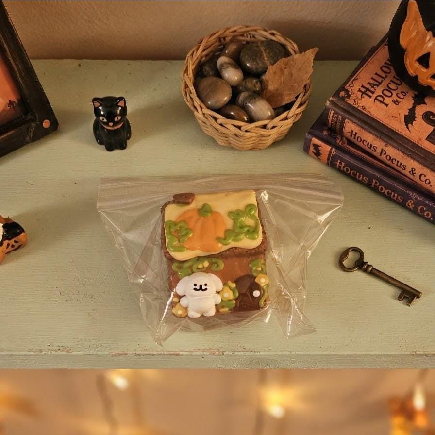 A small decorated cookie or candy piece sealed in a clear plastic bag, placed on a light green tabletop with Halloween-themed props including books, a basket of stones, a black cat figurine, and a key.