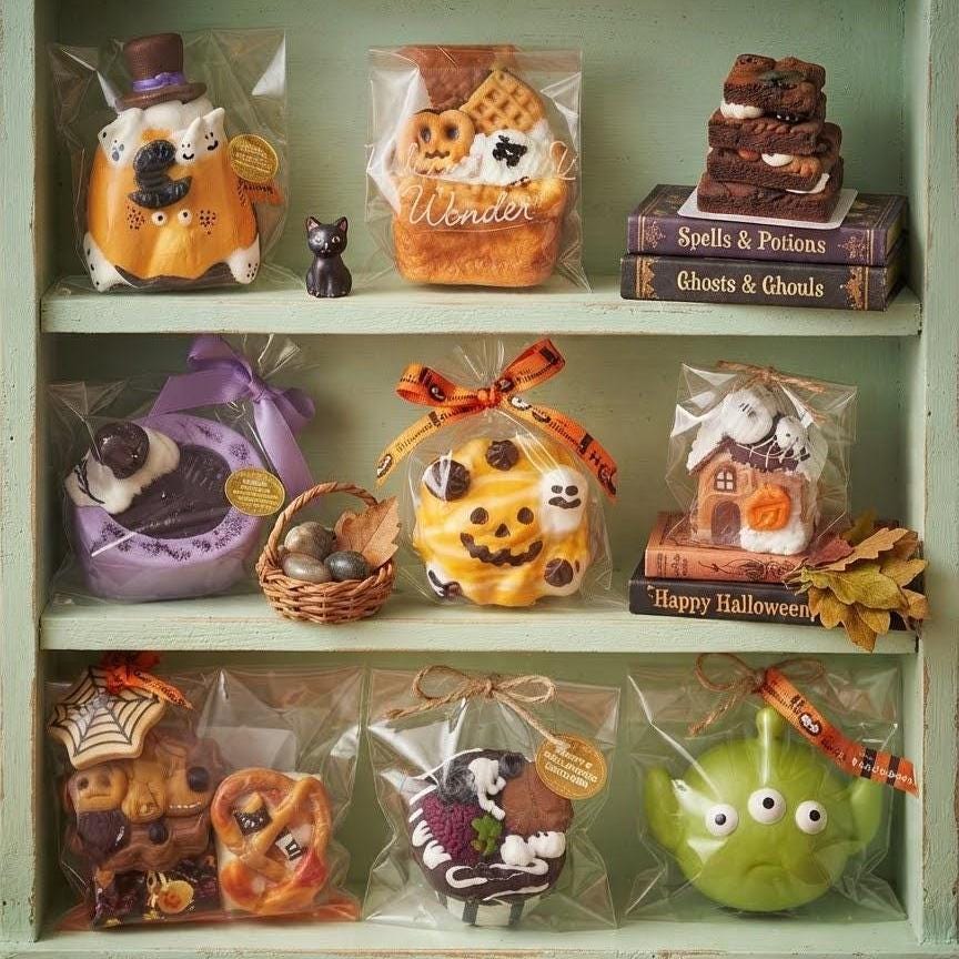 A set of Halloween-themed gourmet cookies and treats displayed on a rustic green wooden shelf, each individually wrapped in clear cellophane bags with decorative ribbons and themed props.