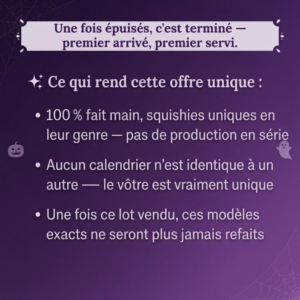 French promotional graphic on a purple background with white text about exhausted squishies and offer details, plus small Halloween-themed icons including a pumpkin and ghost.