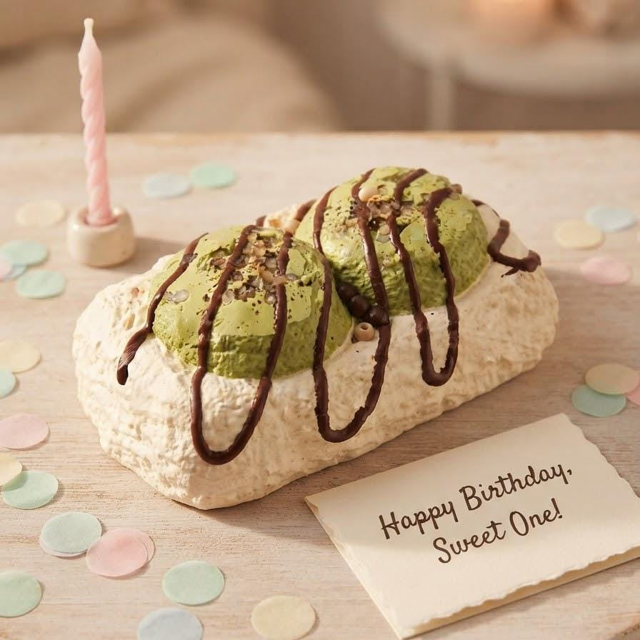A decorated cake shaped like a pastry with two green ice cream scoops, drizzled with chocolate sauce, set on a wooden board with a pink candle, pastel confetti, and a card that reads 'Happy Birthday, Sweet One!'.
