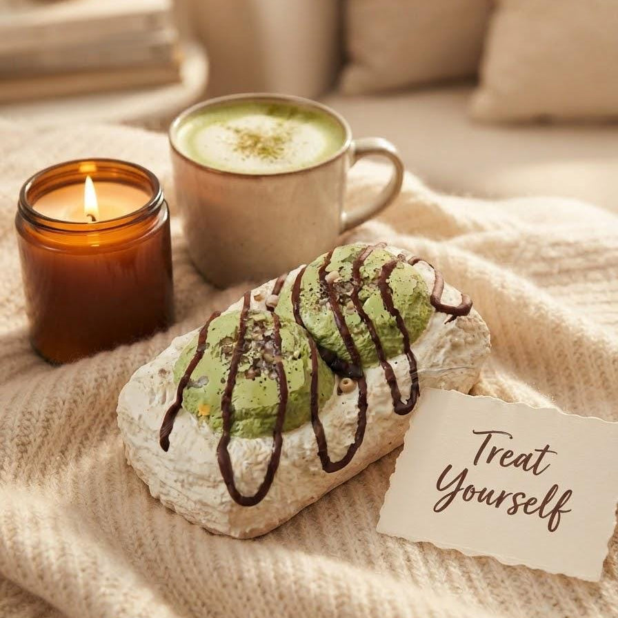A cozy lifestyle scene featuring a matcha green cake with chocolate drizzle on a cream knit blanket, alongside a cup of matcha latte, a lit amber candle, and a handwritten note that says 'Treat Yourself'.