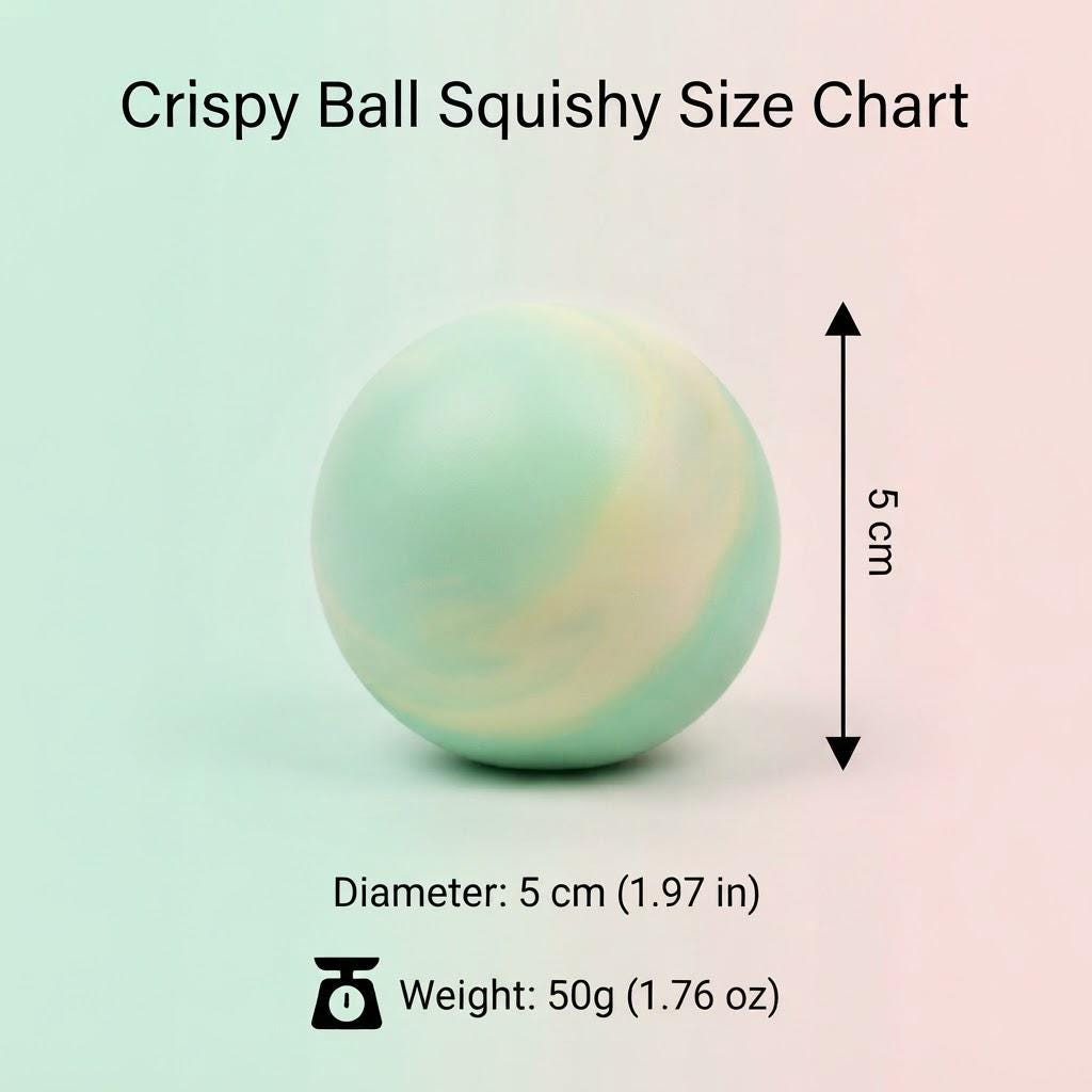 A round marbled stress ball or squishy toy shown on a soft pastel gradient background with text reading 'Crispy Ball Squishy Size Chart,' a 5 cm height arrow, diameter 5 cm, and weight 50g.