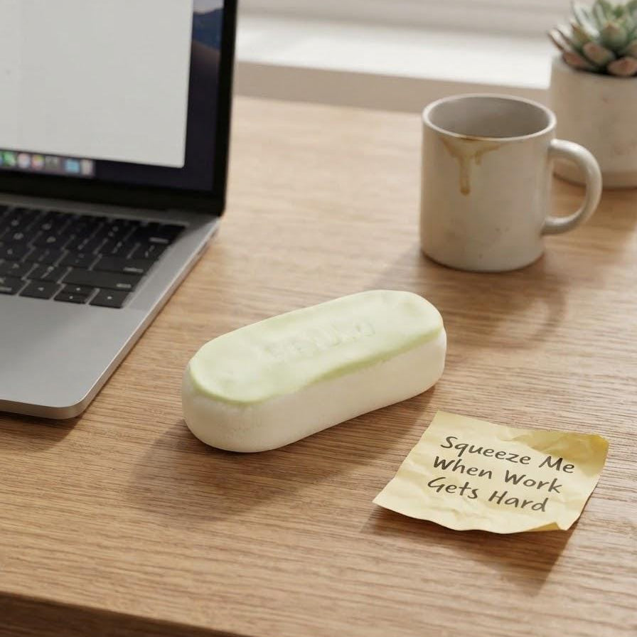 A pale yellow novelty eraser shaped like a soap bar sits on a wooden desk next to a laptop, a coffee mug, a sticky note that reads 'Squeeze Me When Work Gets Hard', and a small potted succulent.