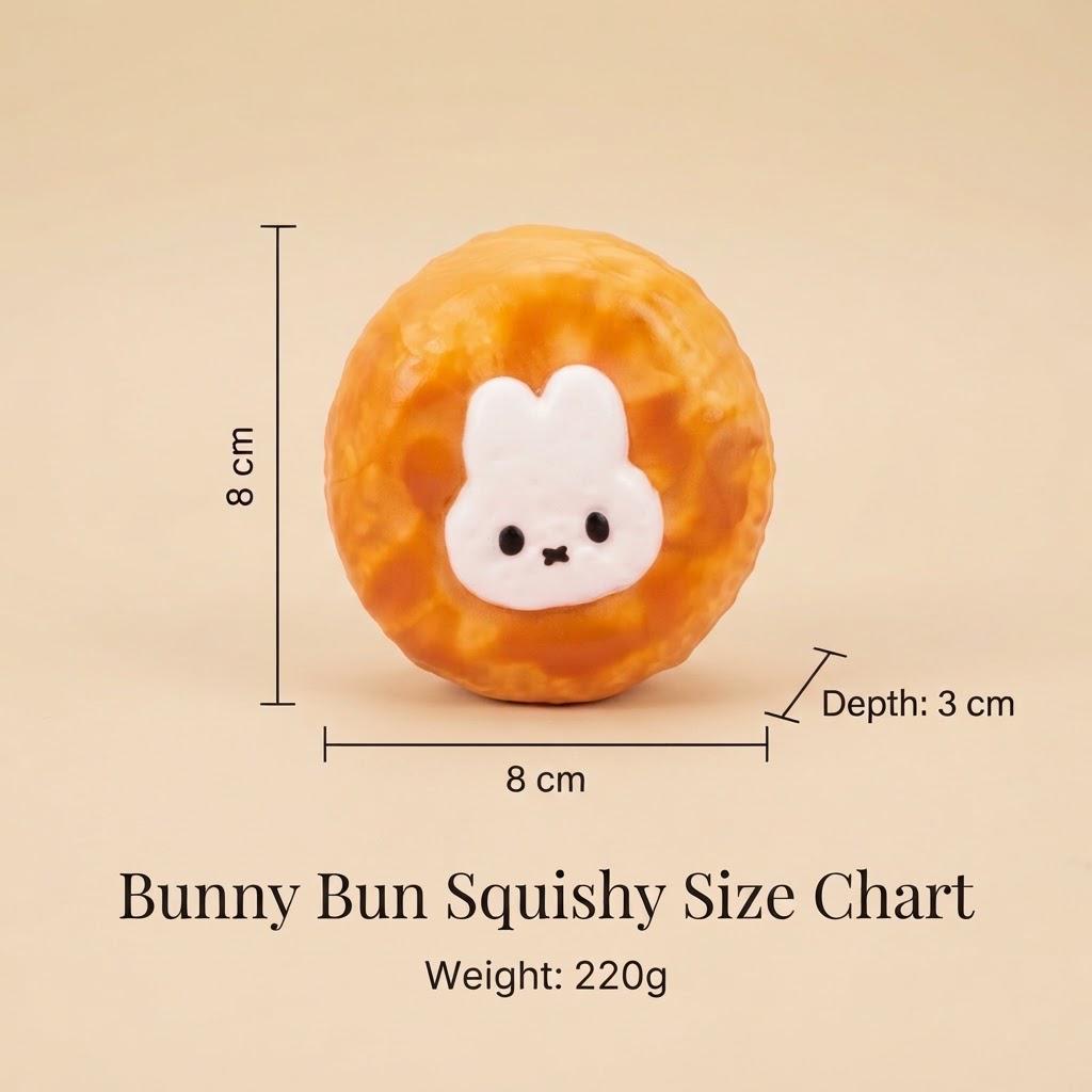 A cute orange-brown bunny bun squishy with a white bunny face, shown with dimension lines and text reading 'Bunny Bun Squishy Size Chart' and 'Weight: 220g' on a warm beige background.