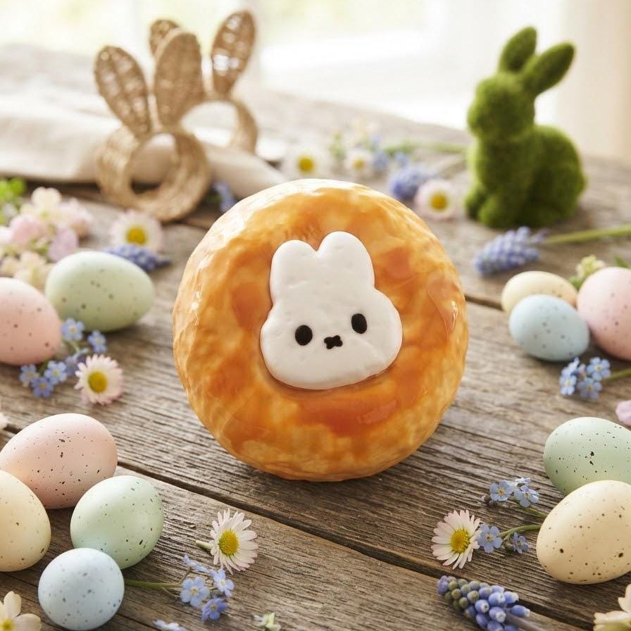 A round orange bun topped with a white bunny face decoration, styled on a rustic wooden table with pastel Easter eggs, small flowers, a woven bunny head decor, and a green bunny figurine in the background.