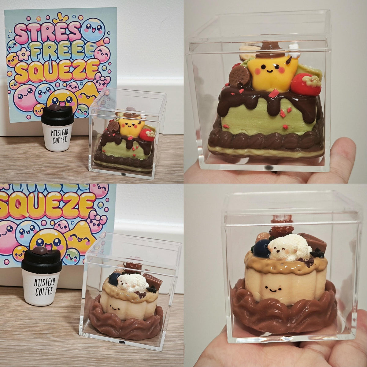 A collage showing a small acrylic display box containing a cute dessert-themed figurine, with a hand holding it in one panel and the box placed on a tabletop in another. A matching cup labeled 'MISTLETOO COFFEE' and a colorful 'STRESS FREE SQUEEZE' card are also visible.