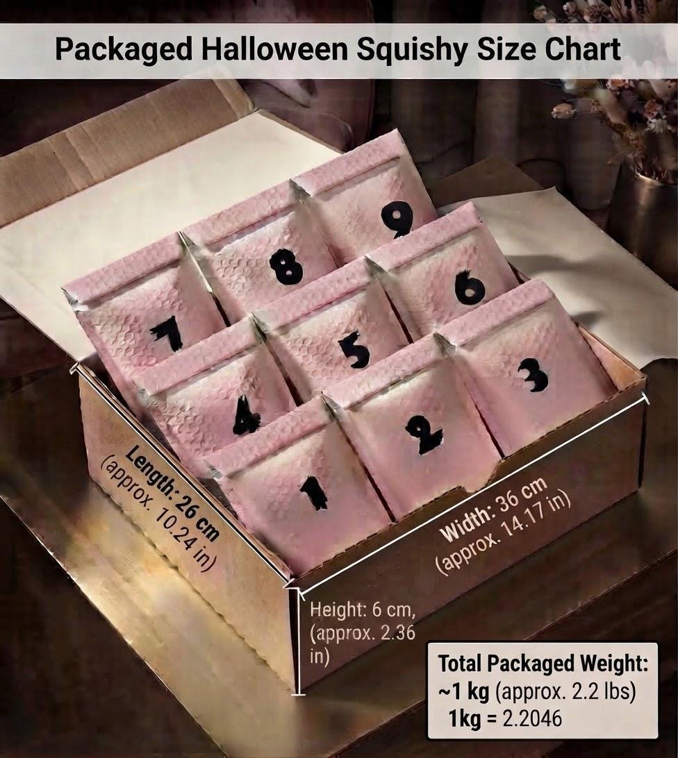 Packaged Halloween squishy size chart showing a box of pink numbered squishies with printed dimensions and total weight information.