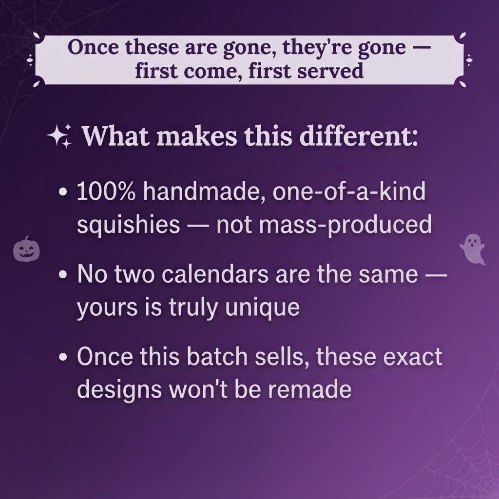 A purple promotional graphic with white text describing handmade squishies and Halloween-themed copy, including a quote at the top and bullet points about uniqueness and batch exclusivity.