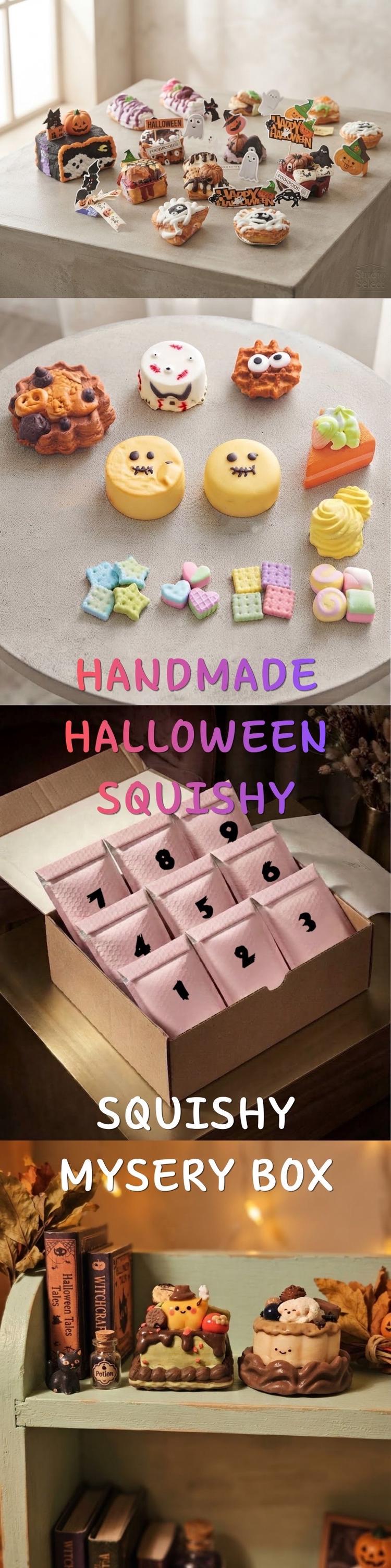 A vertical collage showing a Halloween-themed squishy mystery box. The top panel shows a collection of various squishy toys and decorations arranged on a table.
