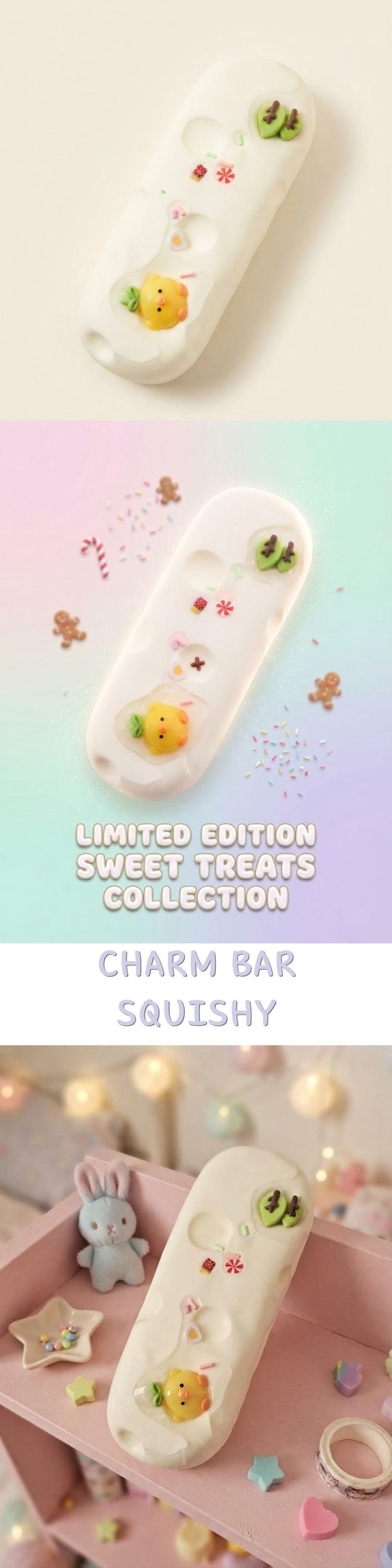 A vertical three-panel collage showcasing a cute, squishy white plastic candy bar container with a yellow cartoon character and green leaf details. The top panel shows the container empty, the middle panel features a pastel background with 'LIMITED EDITION SWEET TREATS COLLECTION' text, and the bottom panel shows the container filled with small colorful treats on a pink shelf.