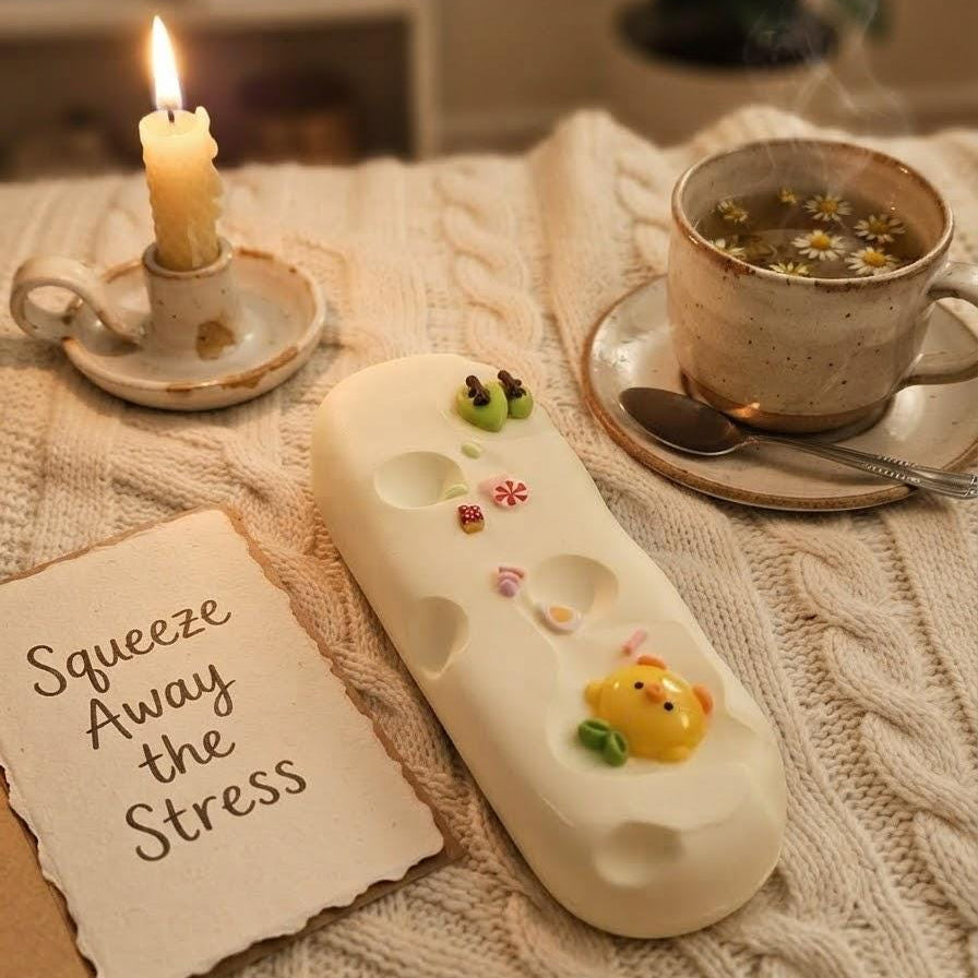 A cream-colored ceramic tea light holder with cute animal and flower details, styled on a cozy cable-knit blanket next to a lit candle, a cup of tea, and a note that reads 'Squeeze Away the Stress'.