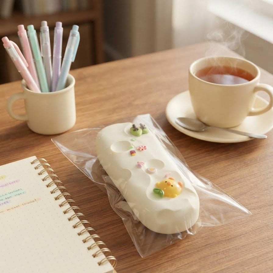 A white silicone notepad holder with cute pastel character illustrations, shown in a clear plastic sleeve on a wooden desk next to a notebook, a cup of tea, and a mug of pens.