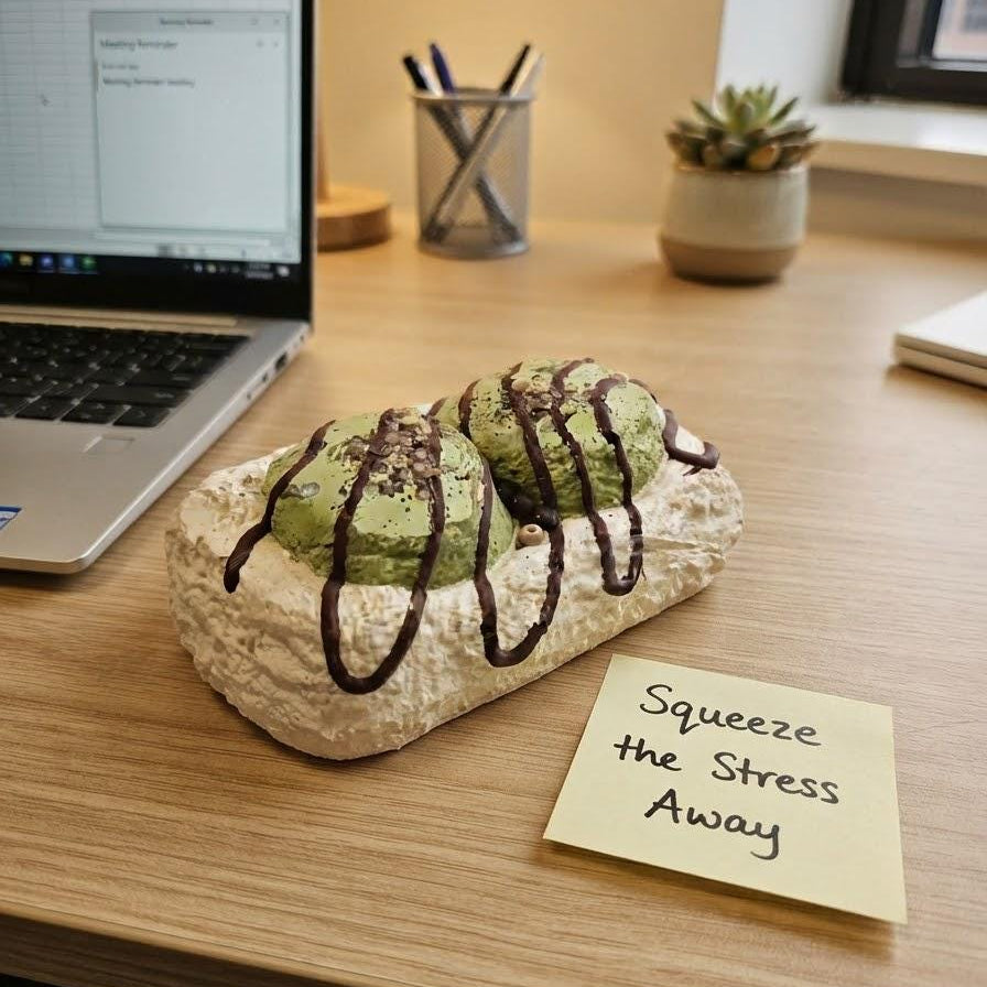 A novelty desk accessory shaped like a pastry with green frosting and dark chocolate drizzle sits on a light wood desk next to a laptop, a sticky note that reads 'Squeeze the Stress Away', and other desk accessories.