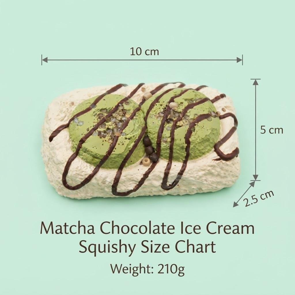 A matcha chocolate ice cream squishy shown on a pale mint background with overlaid dimension arrows and text reading 10 cm by 5 cm by 2.5 cm, plus 'Matcha Chocolate Ice Cream Squishy Size Chart' and 'Weight: 210g'.