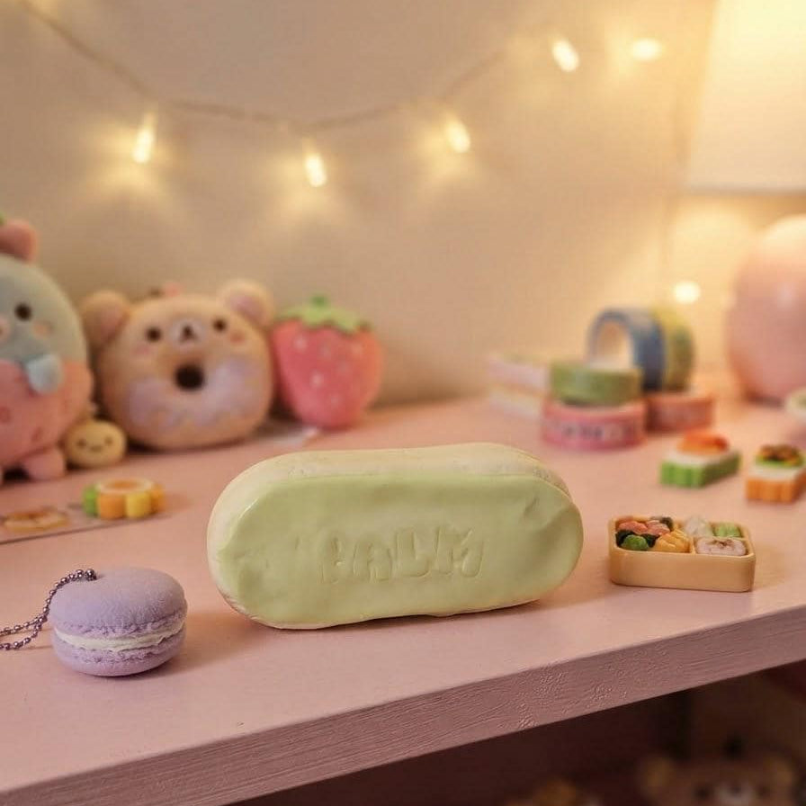 A pastel green, elongated pencil-shaped pouch with the word 'calm' embossed on the front, displayed on a pink shelf alongside cute macarons, plush toys, and warm string lights.