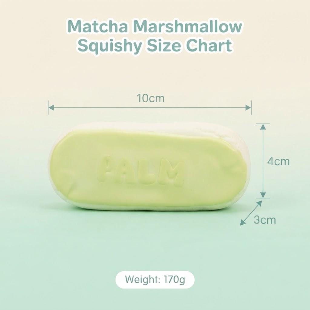 A matcha marshmallow squishy bar shown with overlaid dimensions reading 10cm by 4cm by 3cm, plus text stating 'Matcha Marshmallow Squishy Size Chart' and 'Weight: 170g'. The product itself is pale yellow-green and embossed with the brand name PALM.