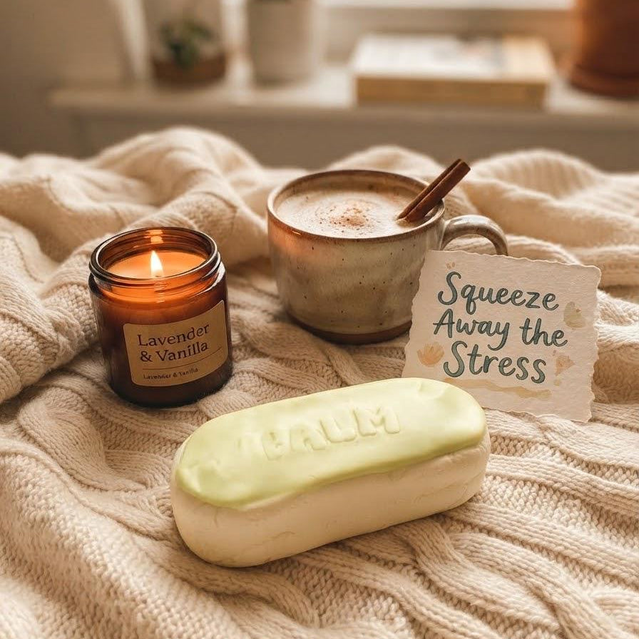 A cozy lifestyle scene featuring a bar of soap with 'CALM' embossed on it, a lit amber candle labeled 'Lavender & Vanilla', a ceramic mug with a cinnamon stick, and a handwritten note that reads 'Squeeze Away the Stress', all arranged on a chunky cream cable-knit blanket.