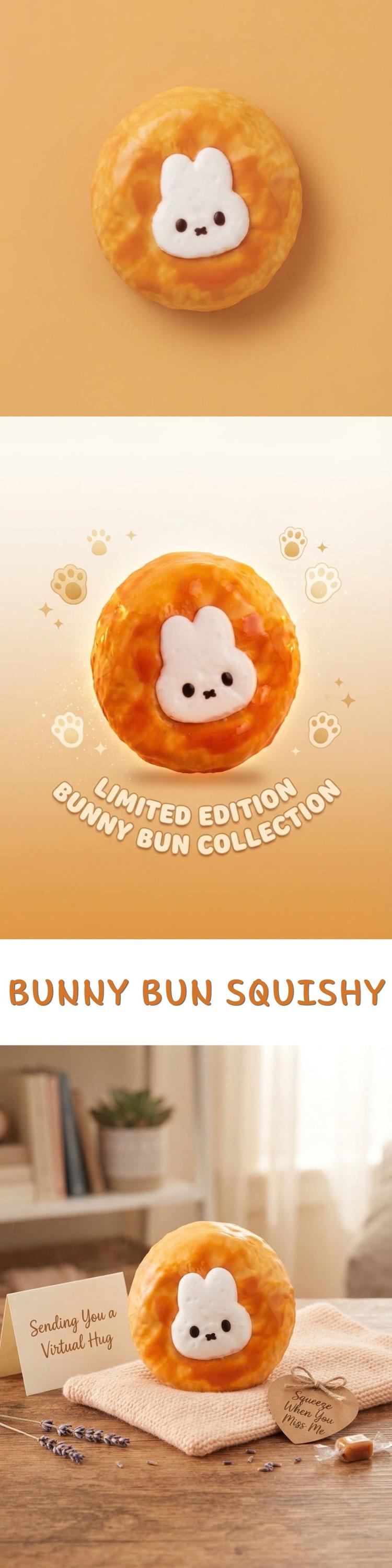 A vertically stacked promotional image showing a cute bunny-faced baked good or plush toy product in three panels. The top panel shows the item on a warm beige background with a small white bunny face on an orange-brown round surface.